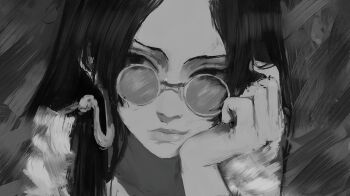 1girl absurdres boa_hancock brush_stroke close-up daodtt earrings greyscale hashtag-only_commentary head_rest highres jewelry long_hair looking_to_the_side monochrome one_piece round_eyewear sidelocks snake_earrings solo straight_hair sunglasses traditional_media