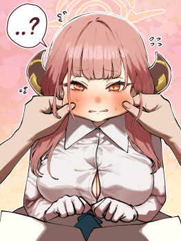 ...? 1boy 1girl absurdres aqua_necktie aru_(blue_archive) blue_archive breasts cheek_pull chroong cleavage collared_shirt commentary_request demon_horns flying_sweatdrops gloves halo highres horns korean_commentary long_hair long_sleeves necktie no_coat orange_eyes pink_hair pink_halo pov sensei_(blue_archive) shirt sweat unhappy white_gloves white_shirt