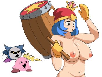 Rule 34 | 1girl, big breasts, blue hair, breasts, female focus, genderswap, highres, huge breasts, humanized, king dedede, kirby, kirby (series), mario (series), meme, meta knight, new super mario bros. u deluxe, nintendo, nude, pogchamp (meme), super crown, tinafate1