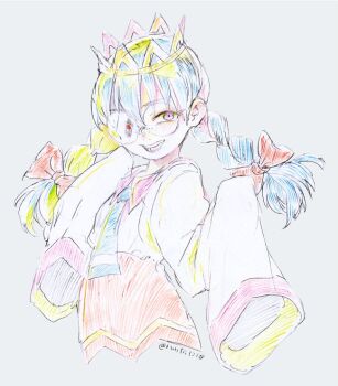 Rule 34 | 1girl, artist name, black hair, bow, braid, crown, freckles, glasses, grey background, hair bow, heterochromia, kirby (series), kirby 64, long hair, looking at viewer, low twin braids, nintendo, purple eyes, red bow, red eyes, ripple star queen, runta, simple background, sleeves past fingers, sleeves past wrists, smile, twin braids