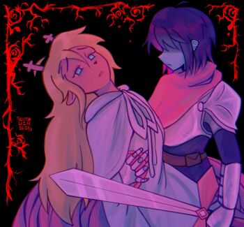 1girl 1other 2025 antlers armor blonde_hair blue_eyes blue_hair blue_skin breastplate cape capelet colored_skin commentary deer_antlers deer_girl deltarune derivative_work empty_eyes english_commentary furry furry_female gauntlets hair_over_eyes hand_on_another&#039;s_back highres holding holding_sword holding_weapon hood hooded_capelet horns kris_(dark_world)_(deltarune) kris_(deltarune) long_hair needy_girl_overdose noelle_holiday noelle_holiday_(dark_world) parted_lips pink_cape plant robe short_hair side_cape signature sword thorns utdr_(toby_fox) ventalizm vines weapon white_capelet white_robe