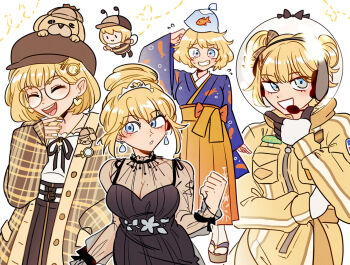 Rule 34 | . ., 1girl, :>, :d, :o, alt text, animal, animal on head, animal print, antennae, bag, bagged fish, bee costume, black dress, blonde hair, blue eyes, blue kimono, blush, breasts, brown hat, brown jacket, bubba (watson amelia), chibi, cleavage, closed eyes, closed mouth, clothed animal, commentary, dog, dog on head, double bun, dress, earpiece, earrings, english commentary, eyelashes, fish, fish print, flying, flying sweatdrops, glasses, goldfish, goldfish print, hair bun, hakama, hakama skirt, hand on own head, hat, heart, helmet, hololive, hololive english, insect wings, jacket, japanese clothes, jewelry, kimono, ministarfruit, mole, mole on breast, multiple views, nail polish, nervous smile, obi, official alternate costume, official alternate hairstyle, okobo, on head, open clothes, open jacket, open mouth, orange sash, orange skirt, plastic bag, platform sandals, print kimono, round eyewear, sandals, sash, see-through clothes, see-through sleeves, short hair, simple background, skirt, smile, smol ame, socks, space helmet, spacesuit, sweatdrop, tabi, teeth, virtual youtuber, water, watson amelia, watson amelia (astronaut), watson amelia (new year), watson amelia (party dress), watson amelia (street casual), white background, white socks, wings, yellow nails