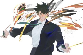 Rule 34 | 1boy, aoi93438363, black jacket, boku no hero academia, collared shirt, formal clothes, green hair, highres, jacket, male focus, midoriya izuku, necktie, open clothes, open jacket, shirt, solo, spiked hair, suit
