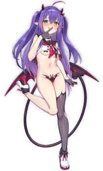 1girl :q aqua_eyes areola_slip bandaid bandaids_on_nipples black_gloves black_sailor_collar black_thighhighs blush breasts cameltoe closed_mouth cropped_shirt demon_girl demon_horns demon_tail demon_wings full_body gloves hair_between_eyes hand_up heart heart-shaped_pupils high_heels highres horns idolmaster idolmaster_million_live! long_hair looking_at_viewer maebari medium_breasts mochizuki_anna navel neckerchief pasties purple_hair sailor_collar shennai_misha shirt simple_background single_thighhigh sleeveless sleeveless_shirt solo standing standing_on_one_leg symbol-shaped_pupils tail thighhighs tongue tongue_out two_side_up underboob white_background wings