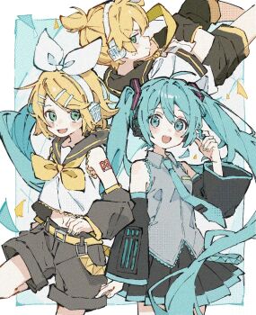 1boy 2girls aqua_eyes aqua_hair aqua_nails aqua_necktie belt black_sailor_collar black_shorts black_skirt black_sleeves blonde_hair border bow bow_hairband brother_and_sister commentary_request detached_sleeves green_eyes grey_shirt hair_ornament hairband hairclip halftone hatsune_miku headphones headset kagamine_len kagamine_rin long_hair midriff_peek multiple_girls neckerchief necktie number_tattoo open_mouth outside_border pleated_skirt ponytail sailor_collar sanye_mitsuyo shirt short_hair short_ponytail shorts shoulder_tattoo siblings skirt sleeveless sleeveless_shirt smile tattoo twins twintails very_long_hair vocaloid white_border white_bow yellow_belt yellow_neckerchief yellow_necktie