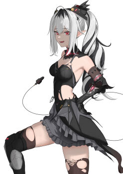 Rule 34 | 1girl, absurdres, ahoge, bare shoulders, bell (only-id 228), black hair, breasts, brown thighhighs, chest harness, commentary request, double-parted bangs, from side, grey hair, hair intakes, hand on own hip, harness, headgear, highres, horizontal pupils, jetavie: daybreak (pgr), jetavie (pgr), knee up, long hair, looking at viewer, lower teeth only, mechanical legs, mechanical tail, medium breasts, mismatched pupils, multicolored hair, open mouth, pointy ears, punishing: gray raven, red eyes, sidelocks, simple background, smile, solo, symbol-shaped pupils, tail, teeth, thighhighs, torn clothes, torn thighhighs, twintails, two-tone hair, white background, x-shaped pupils