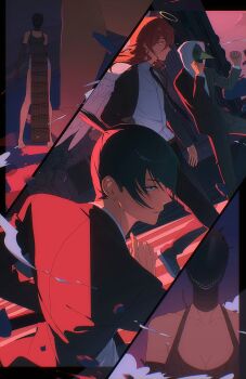 1girl 3boys angel_devil_(chainsaw_man) angel_wings apron bare_shoulders barefoot beak black_apron black_gloves black_hair black_necktie black_shirt black_suit blue_eyes bomb_devil_(chainsaw_man) breasts brown_hair chainsaw_man cleavage clenched_hands collared_shirt elbow_gloves feathered_wings fighting_stance formal_clothes gloves gugong_(90_un) hair_between_eyes halo hayakawa_aki highres hood hood_up hoodie jacket jacket_over_hoodie long_hair medium_breasts multiple_boys multiple_views necktie open_mouth panties parted_lips pelvic_curtain ponytail red_eyes shirt short_hair short_ponytail smoke suit suit_jacket teeth underwear violence_fiend_(chainsaw_man) white_hoodie white_panties white_shirt white_wings wings