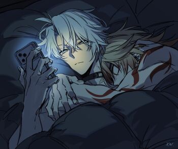 2boys arm_tattoo arms_around_neck black_choker blonde_hair blue_eyes cellphone choker closed_eyes closed_mouth commentary_request fingernails frown hair_between_eyes highres holding holding_phone honkai:_star_rail honkai_(series) looking_at_phone lying male_focus multiple_boys mydei_(honkai:_star_rail) on_back on_bed on_side phainon_(honkai:_star_rail) phone pillow red_tattoo smartphone tattoo xia_(ryugo) yaoi