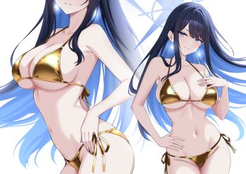 1girl bikini blue_archive blue_eyes blue_hair blue_halo breasts closed_mouth colored_inner_hair commentary english_commentary espada_gcon gold_bikini halo hand_on_own_hip highres large_breasts long_hair looking_at_viewer multicolored_hair multiple_views navel saori_(blue_archive) side-tie_bikini_bottom simple_background smile swimsuit two-tone_hair white_background