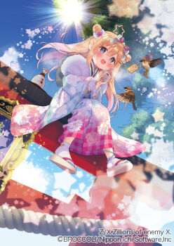 1girl amazake_(drink) bird blue_eyes bow choko_(cup) copyright_notice cup double_bun floral_print floral_print_kimono fur-trimmed_kimono fur_trim hair_between_eyes hair_bow hair_bun hair_ornament hairpin holding holding_cup japanese_clothes kimono long_hair official_art okobo omamori orange_hair outdoors pico_(p_i_c_o) platform_sandals pointy_ears print_kimono sandals sitting socks solo sparrow star_(symbol) star_ahoge sun torii white_socks x-micamo z/x