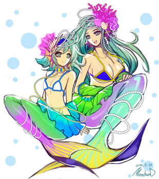 2girls bikini blue_bikini blue_eyes blue_hair blue_skirt breasts cleavage closed_mouth fins fish_girl fish_tail green_skirt hiramena_(wixoss) kareira_(wixoss) large_breasts long_hair looking_at_viewer lowres medium_hair mermaid monster_girl moreshan multiple_girls open_mouth skirt small_breasts swimsuit tail white_bikini wixoss