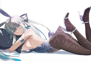 1girl absurdres animal_ears bare_shoulders blue_eyes blush bow braid breasts brown_pantyhose fake_animal_ears fake_tail fate/grand_order fate_(series) from_side grey_hair grey_leotard hair_bow half_up_braid high_heels highleg highleg_leotard highres lace_pantyhose_hooked_on_heel_(meme) large_breasts leotard long_hair longdq3008 looking_at_viewer meme morgan_le_fay_(fate) pantyhose pillow playboy_bunny ponytail rabbit_ears rabbit_tail sidelocks solo tail thighs very_long_hair