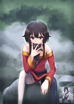 1girl animal asymmetrical_legwear bandaged_leg bandages belt belt_buckle black_belt black_thighhighs brown_hair buckle cat chomusuke commentary_request dress gold_trim highres holding holding_animal holding_cat kono_subarashii_sekai_ni_shukufuku_wo! looking_at_viewer megumin mismatched_legwear off-shoulder_dress off_shoulder on_rock outdoors photo_inset red_dress red_eyes reference_inset river sesely short_hair_with_long_locks single_thighhigh sitting solo thighhighs