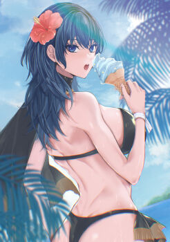 1girl ass back bare_arms bare_back beach bikini black_bikini blue_eyes blue_sky breasts commentary cowboy_shot day dutch_angle female_byleth_(fire_emblem) female_byleth_(summer)_(fire_emblem) fire_emblem fire_emblem:_three_houses fire_emblem_heroes flower food from_behind green_hair hair_flower hair_ornament highres holding holding_food holding_ice_cream ice_cream large_breasts long_hair looking_at_viewer looking_back median_furrow mokichi_xx nintendo official_alternate_costume open_mouth outdoors palm_tree shoulder_blades sideboob sky solo swimsuit tree untranslatable_commentary water