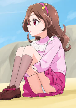 1girl :o brown_hair brown_shoes commentary day fortissimo frilled_shirt frills full_body grey_socks hair_between_eyes hair_ornament hairband highres hugging_own_legs kimi_to_idol_precure kneehighs knees_up loli long_bangs long_hair long_sleeves miniskirt musical_note musical_note_hair_ornament outdoors panties pantyshot parted_lips pink_hairband pink_shirt pink_skirt precure red_eyes sakura_uta_(precure) shirt shoes sitting skirt socks solo symbol-only_commentary tiler_(tiler00) underwear white_panties