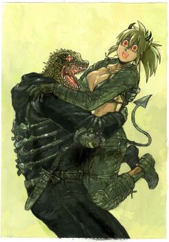 1boy 1girl bikini_top blonde_hair breasts caiman_(dorohedoro) cleavage demon demon_horns devil dorohedoro happy hayashida_q hetero horns hug large_breasts lizard midriff nikaidou_(dorohedoro) official_art ponytail red_eyes reptile sheath smile tail