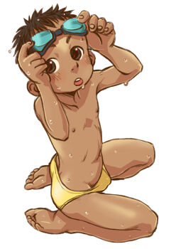 1boy dark-skinned_male dark_skin goggles goggles_on_head hada_toshiya highres male_focus open_mouth original short_hair solo swimsuit wet white_background