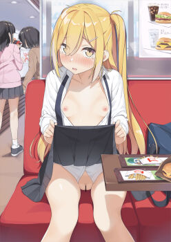 3girls bag bar_censor black_hair black_necktie blazer blonde_hair blush booth_seating bottomless breasts burger buttons cardigan censored clothes_lift collarbone collared_shirt dot_nose ears_visible_through_hair embarrassed employee_uniform exhibitionism fast_food fast_food_uniform flashing food french_fries furrowed_brow grey_skirt hair_between_eyes hair_intakes hair_ornament hair_strand hairclip hairpin highres jacket legs_apart lifting_own_clothes long_hair looking_at_viewer medium_hair mizue_sena multiple_girls necktie nipples no_bra no_panties open_clothes open_mouth open_shirt pink_cardigan pleated_skirt poster_(object) pubic_hair public_indecency pussy raised_eyebrows restaurant school_bag school_uniform shadow shiny_skin shirt shirt_tucked_in short_hair sidelocks sitting skirt skirt_hold skirt_lift small_breasts socks sparse_pubic_hair spread_legs standing table tearing_up tears tray tsubure_manjuu twintails unbuttoned unbuttoned_shirt undone_necktie white_shirt white_socks