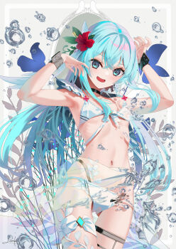 Rule 34 | 1girl, aqua eyes, aqua hair, armpits, arms up, bikini, black wrist cuffs, breasts, commentary request, crossed bangs, dissolving clothes, feather hair ornament, feathers, flower, frilled bikini, frills, hair between eyes, hair flower, hair ornament, highres, long hair, looking at viewer, navel, open mouth, original, saraki, small breasts, smile, solo, swimsuit, thigh gap, underboob, water drop, white bikini, wrist cuffs, wristband
