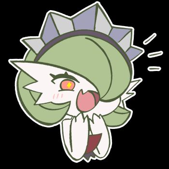 1girl aliasing bare_shoulders black_background blush bob_cut chibi chibi_only colored_skin cropped_torso fang female_focus gardevoir gen_3_pokemon green_hair hair_over_one_eye hand_to_own_mouth hands_up happy highres light_blush looking_afar maid_headdress nintendo notice_lines one_eye_covered open_mouth outline pipsivoir pokemon pokemon_(creature) red_eyes short_hair simple_background skin_fang smile solo upper_body white_outline white_skin yellow_pupils