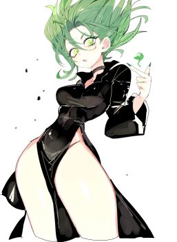 1girl :o black_dress breasts cowboy_shot cropped_legs curly_hair dress green_eyes green_hair highres long_sleeves looking_at_viewer messy_hair no_panties one-punch_man short_hair simple_background small_breasts solo tatsumaki usa37107692 white_background
