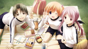 Rule 34 | 1boy, 2girls, aged down, apple, arm support, backpack, bag, beads, bento, black bow, black ribbon, blanket, blue buruma, blush, bow, breasts, brown eyes, buruma, chaos;child, chopsticks, double-parted bangs, eating, embarrassed, flat chest, food, food art, fruit, game cg, grass, green hair, gym uniform, hair beads, hair between eyes, hair ornament, hair ribbon, happy, highres, holding, holding food, kawahara masashi, kneehighs, kneeling, kurusu nono, light blush, long hair, minamisawa senri, multiple girls, non-web source, official art, omelet, on blanket, one eye closed, onigiri, open mouth, orange hair, outdoors, picnic, picnic blanket, pink bag, pink hair, plate, red eyes, ribbon, sandwich, sasaki mutsumi, sausage, science adventure, seiza, shirt, shorts, shy, sitting, small breasts, smile, socks, strawberry, striped blanket, swept bangs, tako-san wiener, tamagoyaki, thermos, thick thighs, thighs, tongue, twintails, v, wariza, white shirt, white socks, yellow bag