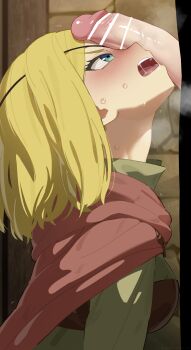 1girl absurdres alicia_glenfall aqua_eyes bar_censor blonde_hair blush breasts cape censored clevatess:_majuu_no_ou_to_akago_to_shikabane_no_yuusha green_shirt hetero highres long_sleeves medium_breasts mizumizuni open_mouth penis_on_face red_cape saliva shirt short_hair solo_focus sweat teeth