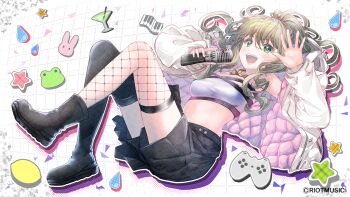 1girl :d asymmetrical_footwear black_boots black_shorts black_thighhighs blush boots breasts brown_hair commentary_request controller fishnet_thighhighs fishnets full_body game_controller green_eyes grid_background hair_between_eyes highres holding holding_microphone ittokyu jacket long_hair long_sleeves matsunaga_iori microphone midriff navel official_art open_clothes open_jacket open_mouth padded_jacket riot_music short_shorts shorts single_fishnet_legwear single_thigh_boot single_thighhigh small_breasts smile solo thigh_boots thighhighs virtual_youtuber white_jacket