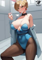 Rule 34 | 1girl, aurea juniper, bare shoulders, blush, bow, bowtie, breasts, coat, coat on shoulders, collarbone, covered navel, earrings, green eyes, groin tendon, hairband, indoors, jewelry, kaos art, lab coat, large breasts, leotard, looking at viewer, nail polish, off shoulder, pantyhose, pink nails, playboy bunny, poke ball, poke ball (basic), pokemon, pokemon bw, rabbit ears, smile, solo, wide hips