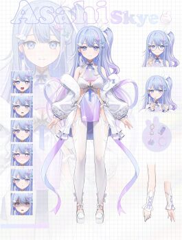 1girl :t @_@ asahi_skye blush bow breasts butterfly_hair_ornament character_name cleavage cleavage_cutout closed_mouth clothing_cutout cloud_hair_ornament earrings flower_earrings glasses gradient_hair hair_ornament hair_ribbon hansum heart heart-shaped_pupils highres indie_virtual_youtuber jewelry long_sleeves multicolored_hair multiple_expressions off_shoulder open_mouth purple_bow purple_hair ribbon second-party_source shoes sparkling_eyes sweat symbol-shaped_pupils tearing_up thighhighs virtual_youtuber white_ribbon white_shoes white_thighhighs