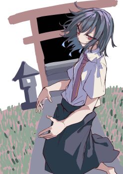 1girl absurdres barefoot black_hair black_skirt collar evil_grin evil_smile grass grin hair_between_eyes highres looking_at_another muraryo necktie no_headwear red_eyes shirt short_hair short_sleeves skirt smile solo torii touhou usami_renko white_collar white_shirt