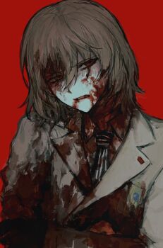 1boy akechi_gorou black_gloves black_necktie blazer blood blood_in_hair blood_on_clothes blood_on_face brown_hair brown_jacket chinese_commentary collared_shirt frown gloves guro hair_between_eyes half-closed_eyes highres injury jacket lapel_pin lapels long_sleeves male_focus medium_hair necktie notched_lapels persona persona_5 red_background red_eyes shirt sidelocks simple_background solo striped_necktie sweat wince xiyuqian