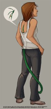 1girl ass dated denim english_text from_behind full_body greekceltic green_eyes jacky_(greekceltic) jeans medium_hair orange_hair original pants shoes signature simple_background solo tail tank_top white_tank_top