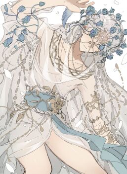 1boy absurdres blue_flower chain closed_eyes colored_eyelashes cowboy_shot eli_clark eli_clark_(prophet_of_yore) feathered_wings feet_out_of_frame floating_clothes floating_hair flower gold_chain head_chain head_wreath highres identity_v jewelry male_focus official_alternate_costume parted_lips pectoral_cleavage pectorals robe see-through_clothes see-through_veil thighs veil water white_eyelashes white_hair white_robe white_veil white_wings wings wkoneda