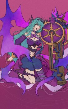 Rule 34 | 1girl, asagi blue33, big breasts, black hairband, blue hair, breasts, cannon, chaos aurora (grimms notes), grimms notes, hairband, highres, holding, holding cannon, holding weapon, kneeling, large breasts, light blue hair, long hair, midriff, navel, open mouth, smile, solo, thorns, weapon