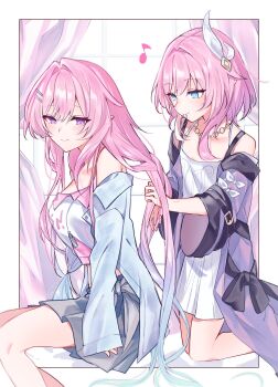2girls bare_shoulders blue_eyes blue_jacket breasts closed_mouth coat commentary crop_top cyrene_(aedes_elysiae)_(honkai:_star_rail) cyrene_(honkai:_star_rail) cyrene_(nylon_japan)_(honkai:_star_rail) cyrene_(ripples_of_past_reverie)_(honkai:_star_rail) diamond-shaped_pupils diamond_(shape) dress dual_persona grey_skirt hair_intakes hair_ornament hair_tie_in_mouth hairclip haru_(eharuru_32) highres honkai:_star_rail honkai_(series) jacket large_breasts light_blush long_hair medium_hair mouth_hold multiple_girls musical_note off_shoulder official_alternate_costume parallel_hairclips pink_hair pink_pupils pointy_ears purple_coat purple_eyes sidelocks sitting skirt smile symbol-only_commentary symbol-shaped_pupils tying_another&#039;s_hair white_dress
