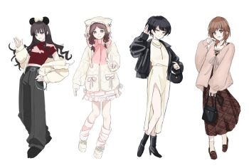 4girls alternate_costume amagami bag black_boots black_eyes black_hair black_jacket black_pants black_shoes blue_eyes boots brown_eyes brown_hair brown_shoes brown_skirt cardigan clothes_pull commentary_request curly_hair dress drill_hair fashion full_body grey_cardigan hand_up haofufufu1728 hat high_heel_boots high_heels highres holding holding_bag jacket jacket_over_dress jacket_pull leather leather_jacket long_hair long_sleeves looking_at_viewer loose_socks low_twintails medium_hair minnie_mouse_ears morishima_haruka multiple_girls nakata_sae off_shoulder pants pink_scarf pink_skirt pink_socks plaid_clothes red_shirt sakurai_rihoko scarf shirt shoes short_hair side_slit skirt smile socks standing tsukahara_hibiki twintails v waving white_background white_dress white_hat white_jacket white_shoes white_socks winter_clothes