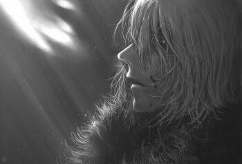 1boy 1other blood blood_on_face commentary dimitri_alexandre_blaiddyd dimitri_alexandre_blaiddyd_(timeskip) eyelashes fire_emblem fire_emblem:_three_houses from_side fur_trim greyscale hashtag-only_commentary highres looking_up male_focus medium_hair monochrome neroneroblack nintendo outstretched_hand parted_lips profile solo