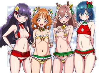 arms_behind_back asortofcolorfag bell bikini blue_eyes blue_hair blush breasts brown_hair cameltoe closed_mouth commentary commentary_request delicious_party_precure double_v english_commentary eyebrows_hidden_by_hair fake_antlers flat_chest fuwa_kokone gluteal_fold gold_bikini gold_bra gold_panties green_skirt groin hair_ornament hair_rings hairclip hanamichi_ran hands_on_own_chest highres kasai_amane large_variant_set lips long_hair looking_at_viewer medium_hair micro_panties microskirt mixed-language_commentary miyagoe_yoshitsuki nagomi_yui navel neck_bell open_mouth orange_hair panties precure purple_hair red_eyes red_panties red_skirt skirt small_breasts smile stomach swimsuit thigh_gap underwear v variant_set
