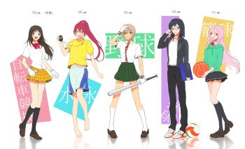 5girls absurdres ace_of_diamond aotsuki_wakana barefoot black_hair blue_eyes brown_eyes brown_hair crossover female_focus free! glasses gloves haikyuu!! happy height height_comparison highres kanzaki_miki kuroko_no_basuke long_hair matsuoka_gou mole momoi_satsuki multiple_crossover multiple_girls pants pink_hair ponytail red_hair school_uniform shimizu_kiyoko shoes shorts smile sneakers sports takashi_(calla) yowamushi_pedal