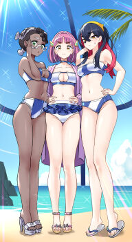 3girls absurdres adjusting_eyewear amarys_(pokemon) beach bikini black_hair blue_bikini blue_sky blush braid breasts carmine_(pokemon) cleavage closed_mouth cloud colored_inner_hair crossed_bangs dark-skinned_female dark_skin day eyelashes feet flip-flops frilled_bikini frills full_body glasses green_eyes hair_between_eyes hair_ornament hairband hairclip highres lacey_(pokemon) large_breasts legs long_hair looking_at_viewer medium_breasts mole mole_under_eye multicolored_hair multiple_girls navel nintendo ocean open_mouth outdoors pink_hair pokemon pokemon_sv red_hair sand sandals semi-rimless_eyewear short_hair single_braid sky smile standing stomach sunlight swimsuit tm_(hanamakisan) toenails toes two-tone_hair white_bikini yellow_eyes yellow_hairband