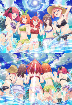1boy 5girls ahoge ass back bare_shoulders bikini bikini_skirt black_bikini black_hair black_swim_trunks blue_eyes blush bow breasts brown_hair butterfly_hair_ornament camera cleavage cloud collarbone dot_nose female_focus from_behind go-toubun_no_hanayome green_bikini green_bow hair_between_eyes hair_bow hair_ornament hat highres holding holding_camera holding_hands large_breasts legs long_hair looking_at_viewer midriff miniskirt multiple_girls multiple_views nakano_ichika nakano_itsuki nakano_miku nakano_nino nakano_yotsuba navel official_art open_mouth orange_hair pink_hair pleated_skirt purple_bikini quintuplets red_bikini red_eyes short_hair siblings sisters skirt sleeveless smile star_(symbol) star_hair_ornament stomach straw_hat sunlight swimsuit swimsuit_skirt teeth thighs twintails uesugi_fuutarou upper_teeth_only water wet white_bikini white_skirt