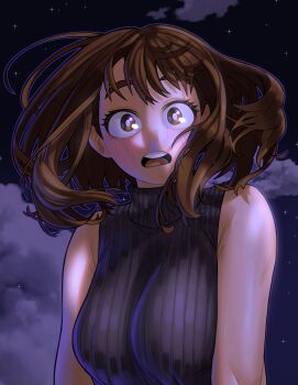 1girl absurdres bare_arms bare_shoulders blush boku_no_hero_academia breasts brown_eyes brown_hair highres large_breasts looking_at_viewer loopvoid night night_sky official_alternate_costume open_mouth scene_reference short_hair sky sleeveless sleeveless_turtleneck solo star_(sky) starry_sky teeth turtleneck upper_teeth_only uraraka_ochako