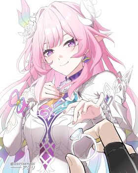 1boy 1girl absurdres asiri_senpai black_gloves breasts caelus_(honkai:_star_rail) commentary cyrene_(honkai:_star_rail) cyrene_(ripples_of_past_reverie)_(honkai:_star_rail) diamond-shaped_pupils diamond_(shape) dress earrings fingerless_gloves flower gloves hair_flower hair_ornament hand_on_own_chest highres holding holding_jewelry holding_ring honkai:_star_rail honkai_(series) jewelry large_breasts long_hair looking_at_viewer pink_hair pointy_ears pov pov_hands purple_eyes ring simple_background smile symbol-shaped_pupils trailblazer_(honkai:_star_rail) very_long_hair wedding_ring white_background white_dress