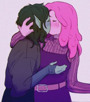 2girls adventure_time belt black_hair black_shirt blush closed_eyes film_grain grabbing_another's_breast groping hand_in_another's_hair highres kiss long_hair marceline_abadeer multiple_girls pink_hair pointy_ears princess_bonnibel_bubblegum purple_shirt shirt yumin yuri