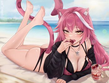 1girl animal_ear_fluff animal_ears animal_print ass beach bikini black_bikini black_jacket blush breasts cleavage collarbone commentary english_commentary eyelashes food fruit grey_hair highres holding holding_food holding_fruit hololive hololive_english irad_art jacket large_breasts leopard_print lying multicolored_hair ocean on_stomach open_mouth panther_ears panther_girl pink_bikini pink_hair print_bikini raora_panthera sand solo streaked_hair swimsuit two-tone_hair virtual_youtuber