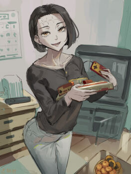 1girl black_hair blunt_bangs calendar_(object) commentary_request crt food fruit game_console itadori_kaori jujutsu_kaisen kakapyramid kenjaku looking_at_viewer lower_teeth_only mandarin_orange nes_gamepad open_mouth scar scar_on_face scar_on_forehead senbei solo stitched_forehead teeth yellow_eyes