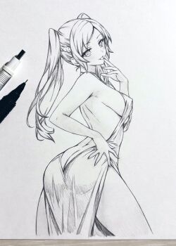 1girl armpit_crease art_tools_in_frame ass backless_dress backless_outfit breasts butt_crack commentary_request dress female_robin_(fire_emblem) fire_emblem fire_emblem_awakening graphite_(medium) greyscale highres looking_at_viewer looking_back median_furrow medium_breasts monochrome nintendo photo_(medium) revealing_clothes seishun_dendeke simple_background smile solo standing traditional_media twintails white_background