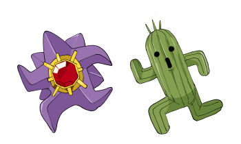 arms_up creature creature_focus final_fantasy full_body gem gen_1_pokemon highres mega_pokemon mega_starmie nintendo no_humans open_mouth pokemon pokemon_(creature) red_gemstone sabotender starmie white_background yunekoko