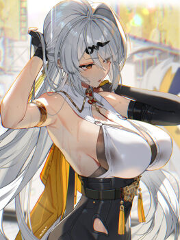 1girl armlet armpits asymmetrical_gloves black_gloves breasts cleavage commentary_request duplicate elbow_gloves fingerless_gloves from_side gloves grey_hair hair_ornament high-waist_shorts jacket jacket_over_shoulder jewelry large_breasts long_hair looking_ahead mole mole_on_breast open_mouth pixel-perfect_duplicate scottie_(phantom2) shorts sideboob single_elbow_glove sleeveless solo sweat uneven_gloves unworn_jacket yellow_eyes yellow_jacket yin_yang_pin yixuan_(zenless_zone_zero) zenless_zone_zero